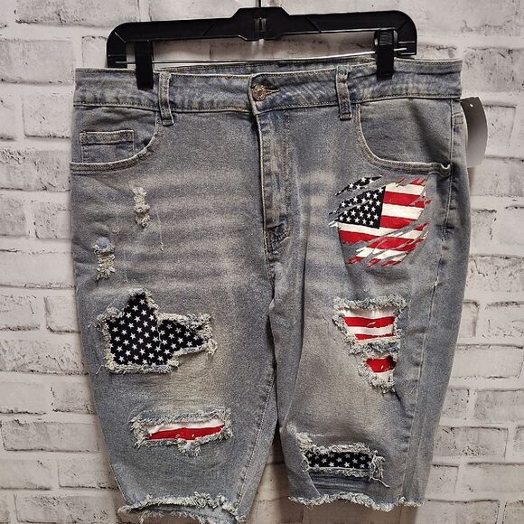 Distressed Blue and Red Jean Shorts with Americana Flair - Picture 1 of 3